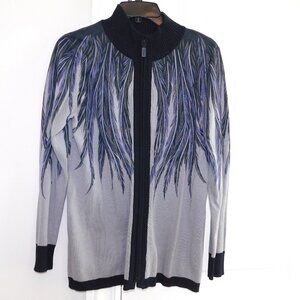 BOB MACKIE LADIES CARDIGAN SIZE XS WEARABLE ART ZIP FRONT CARDIGAN BL/GR/PURPLE